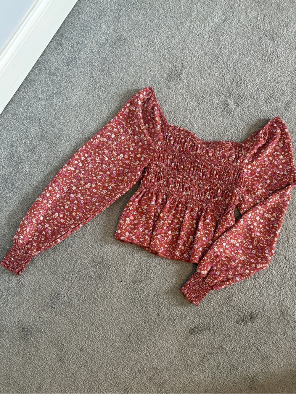 Ultra Flirt Red Floral Smocked Square-Neck Blouse